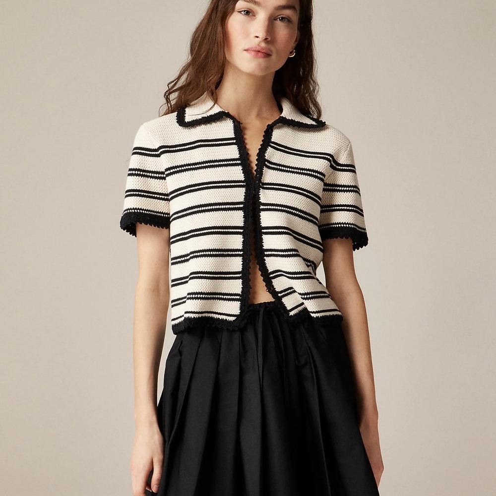 J. Crew Cream and Black Striped Cropped Knit Top